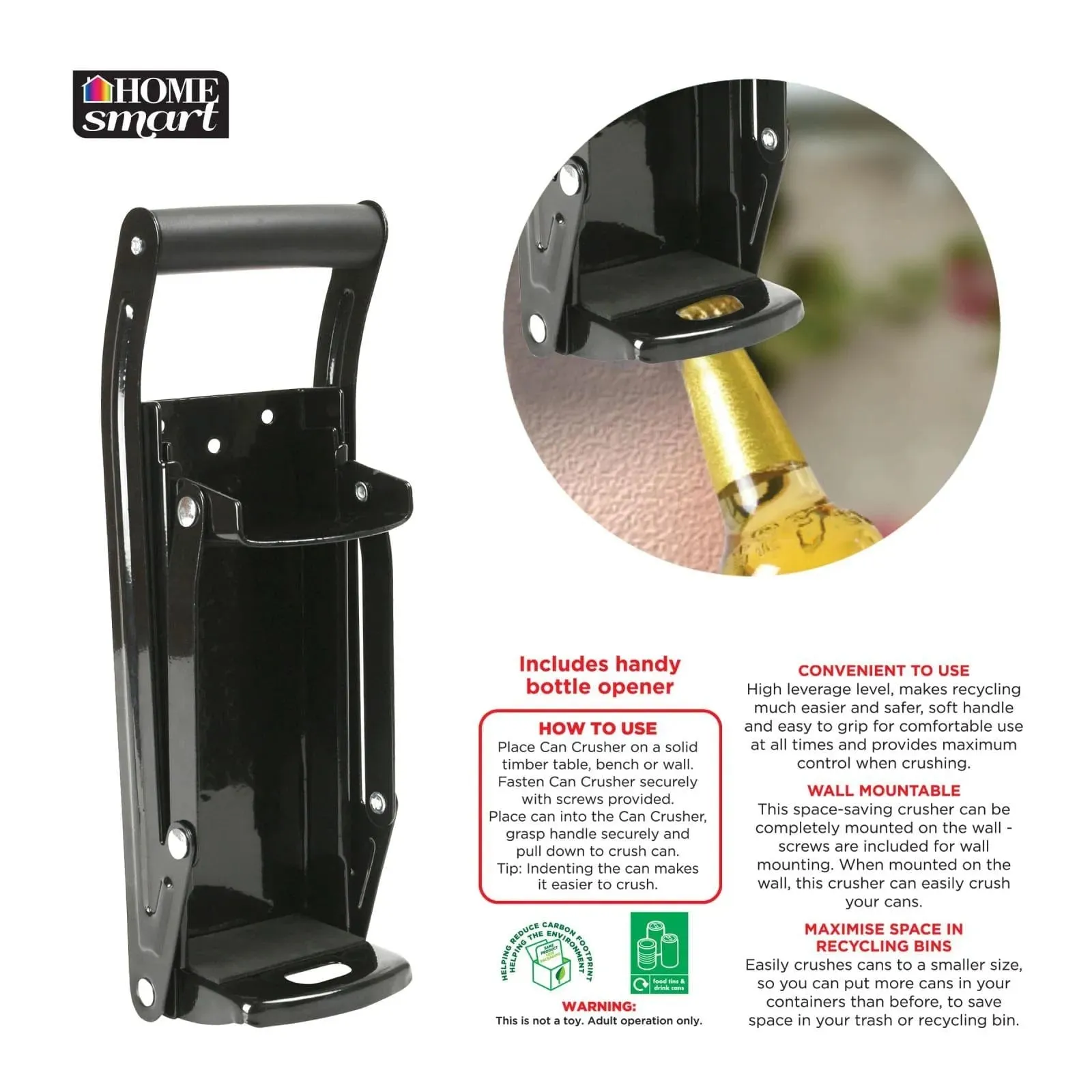 16OZ Steel Can Crusher Large Wall Mounted Recycling   Bottle Opener - BLACK