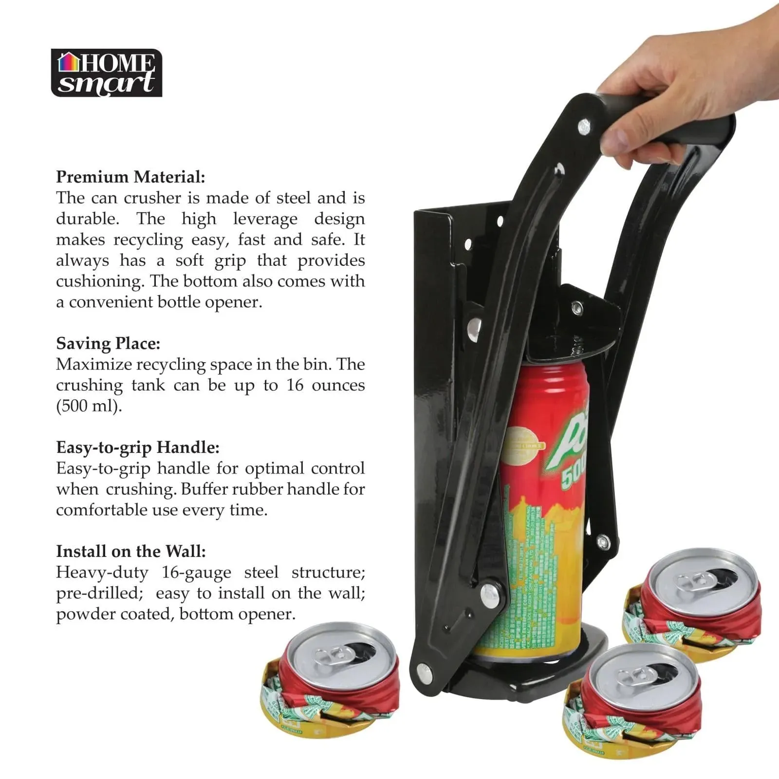 16OZ Steel Can Crusher Large Wall Mounted Recycling   Bottle Opener - BLACK