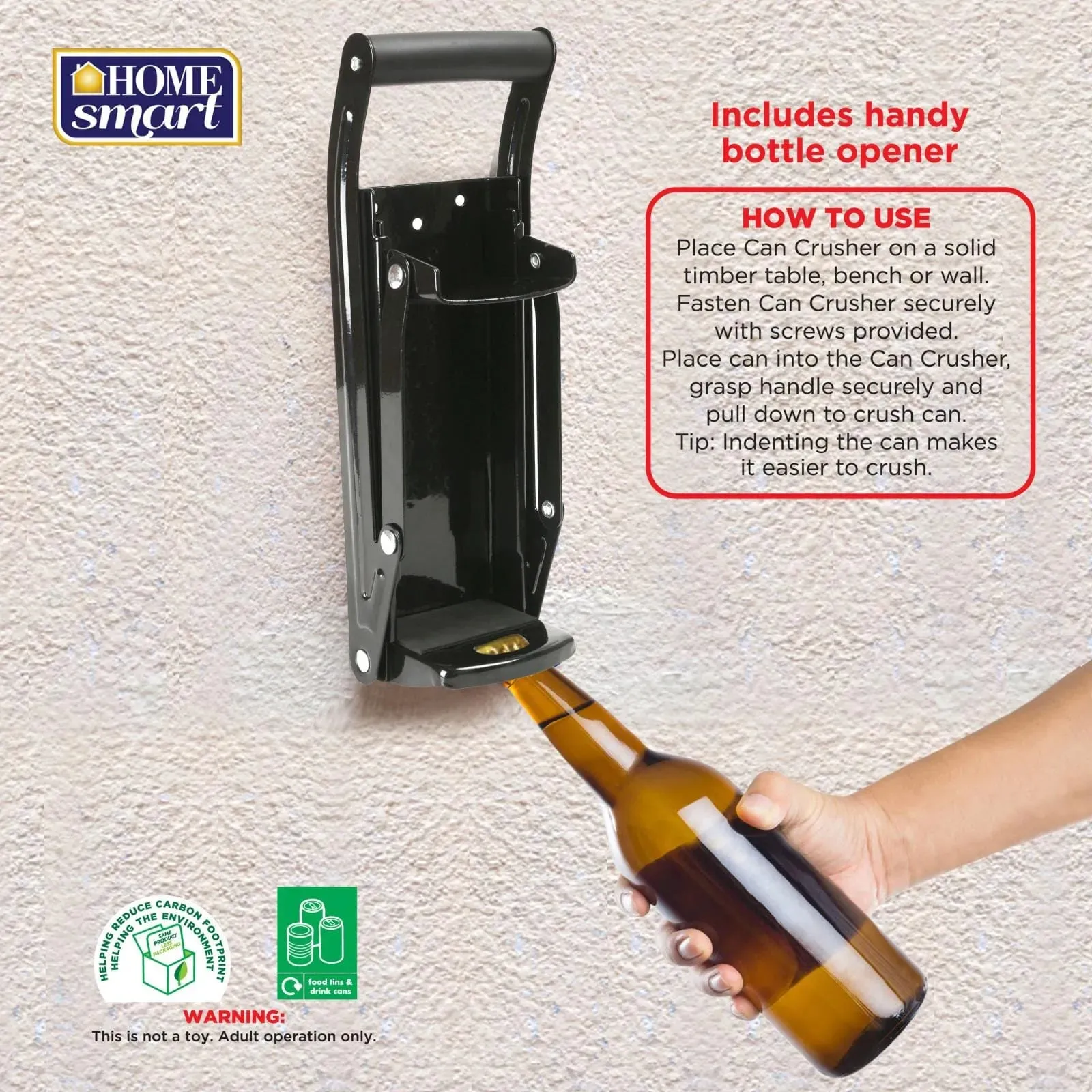 16OZ Steel Can Crusher Large Wall Mounted Recycling   Bottle Opener - BLACK