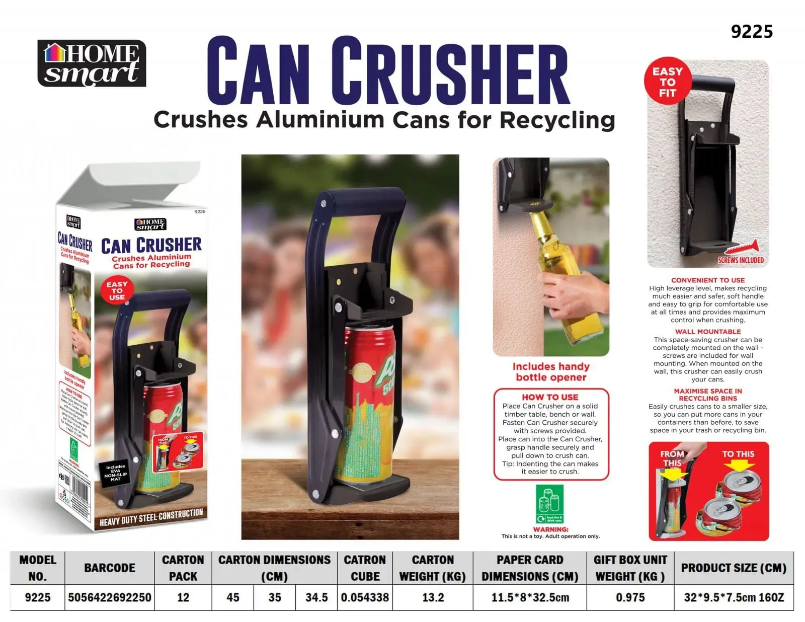 16OZ Steel Can Crusher Large Wall Mounted Recycling   Bottle Opener - BLACK