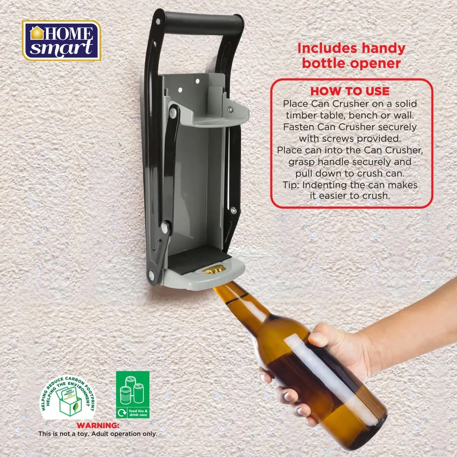16OZ Steel Can Crusher Large Wall Mounted Recycling   Bottle Opener - Grey