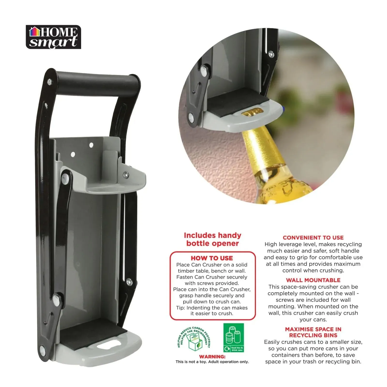 16OZ Steel Can Crusher Large Wall Mounted Recycling   Bottle Opener - Grey