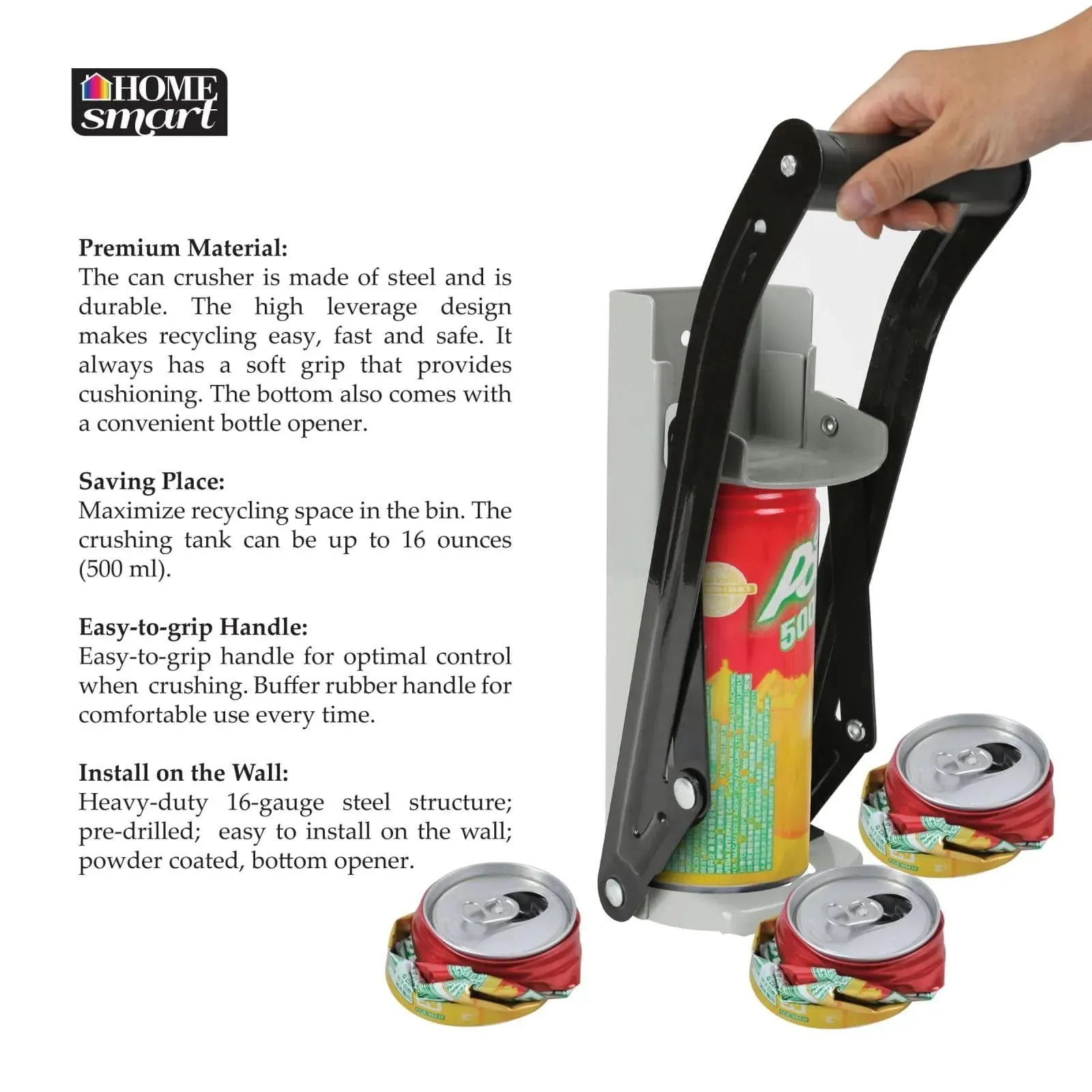 16OZ Steel Can Crusher Large Wall Mounted Recycling   Bottle Opener - Grey