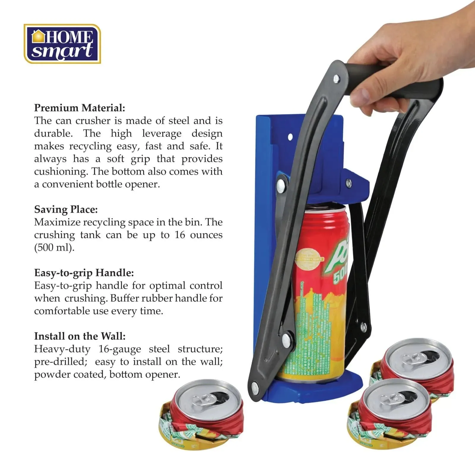 16OZ Steel Can Crusher Wall Mounted Recycling   Bottle Opener - Blue