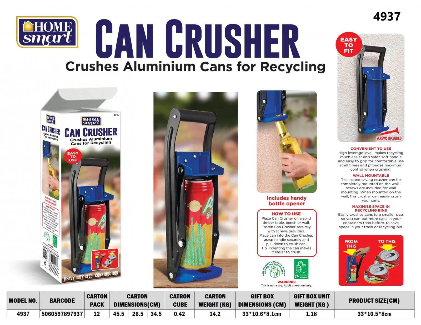 16OZ Steel Can Crusher Wall Mounted Recycling   Bottle Opener - Blue