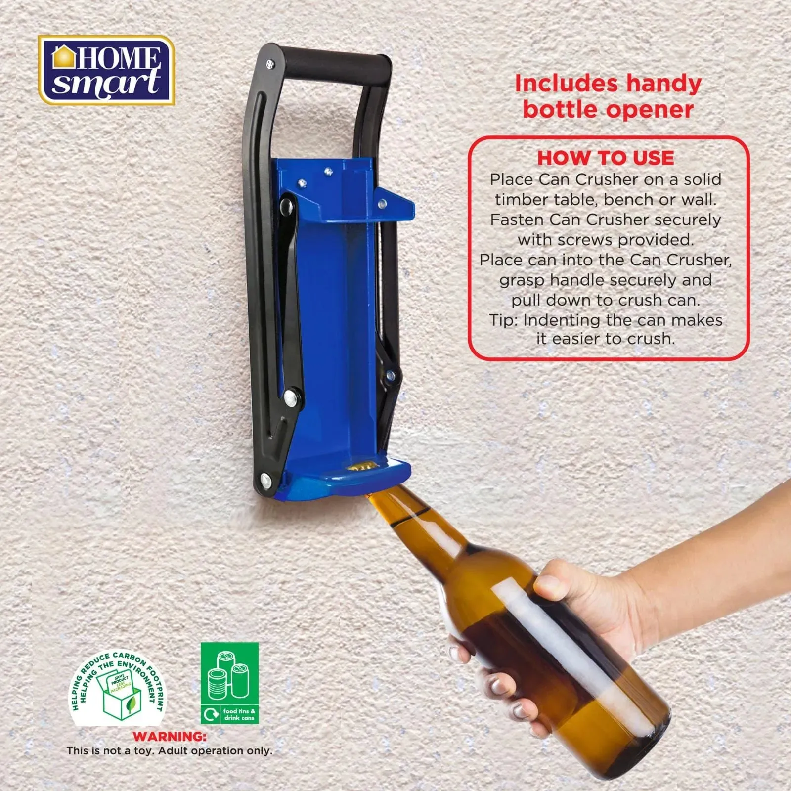 16OZ Steel Can Crusher Wall Mounted Recycling   Bottle Opener - Blue