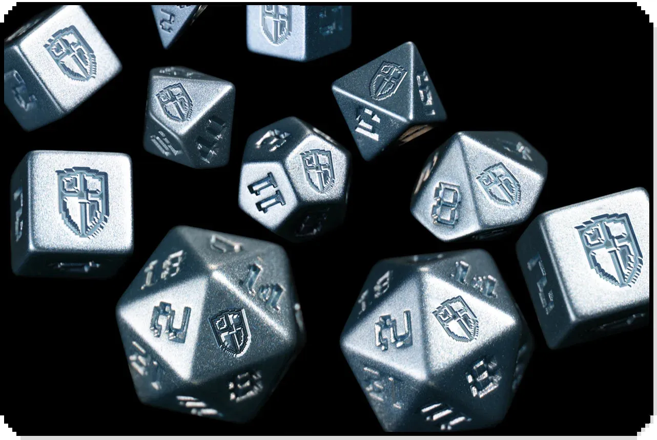 1UP Dice Polyhedral Set: Radiant Shield Silver Edition