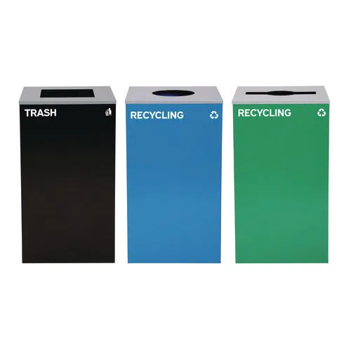 29 Gallon Trash/recycling Cans, Steel, Blue Recycling Can W/circle Lid, Green Recycling W/mixed Lid, Black Trash W/square Lid