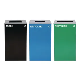 29 Gallon Trash/recycling Cans, Steel, Blue Recycling Can W/circle Lid, Green Recycling W/mixed Lid, Black Trash W/square Lid
