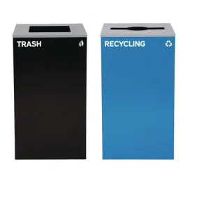 29 Gallon Trash/recycling Cans, Steel, Blue Recycling With Mixed Lid, Black Trash Can With Square Lid