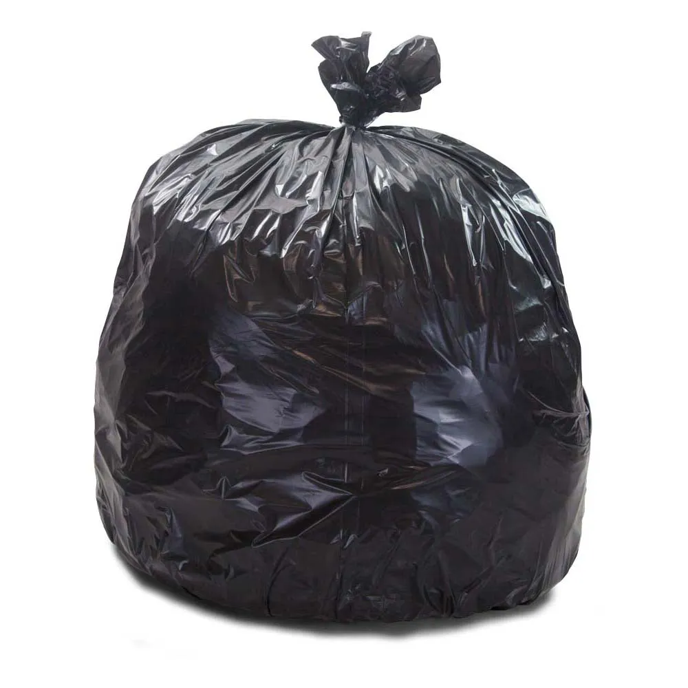 43" x 47" x 2 mil 56 Gallon Black 100% Post Consumer Recycled Plastic Heavy Duty Trash Can Liners with Reinforced Star Bottom Seal (100 Bags, 25 Bags/Roll, 5 Rolls/Case)