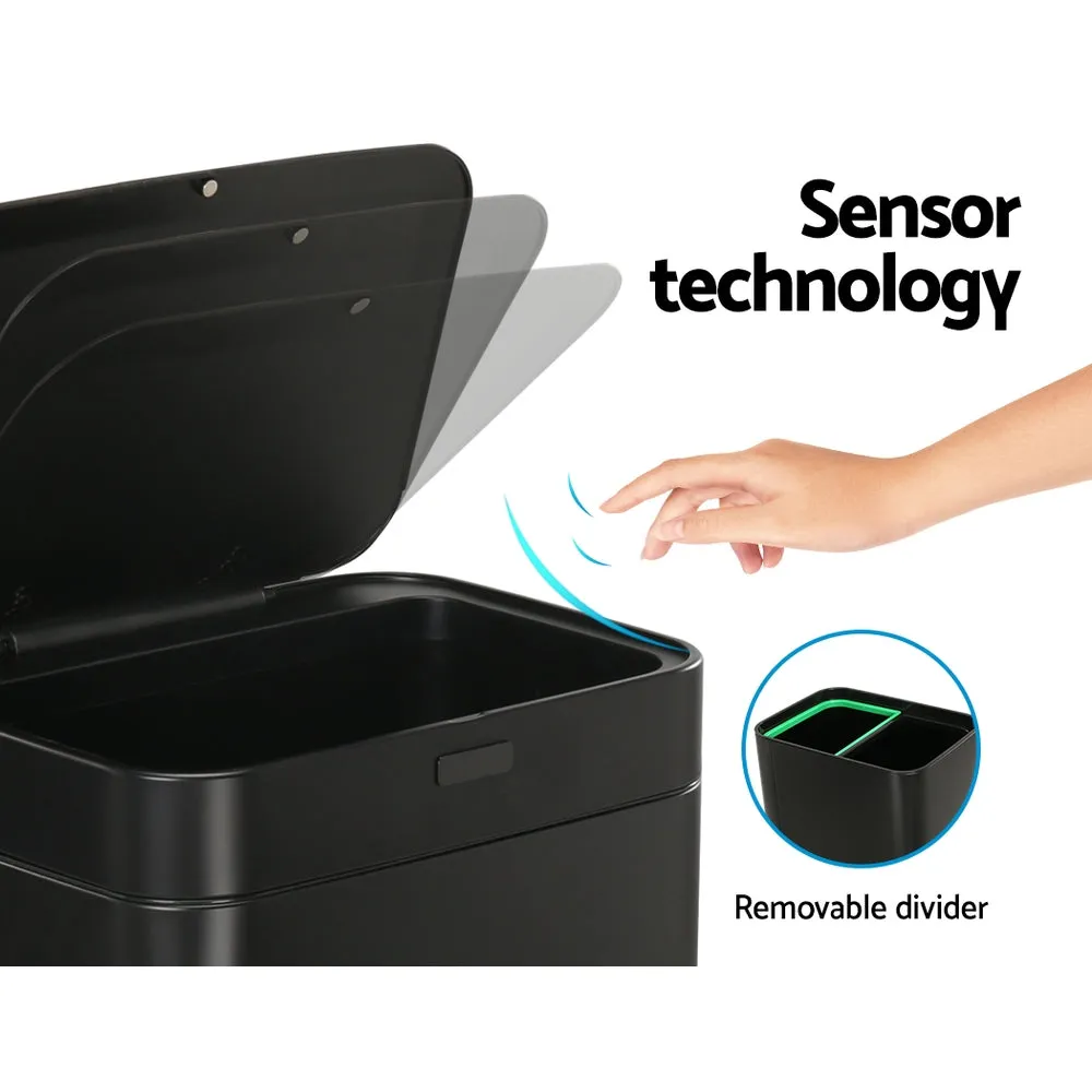 70L Motion Sensor Pedal Bin, Black, Dual Compartment - Devanti