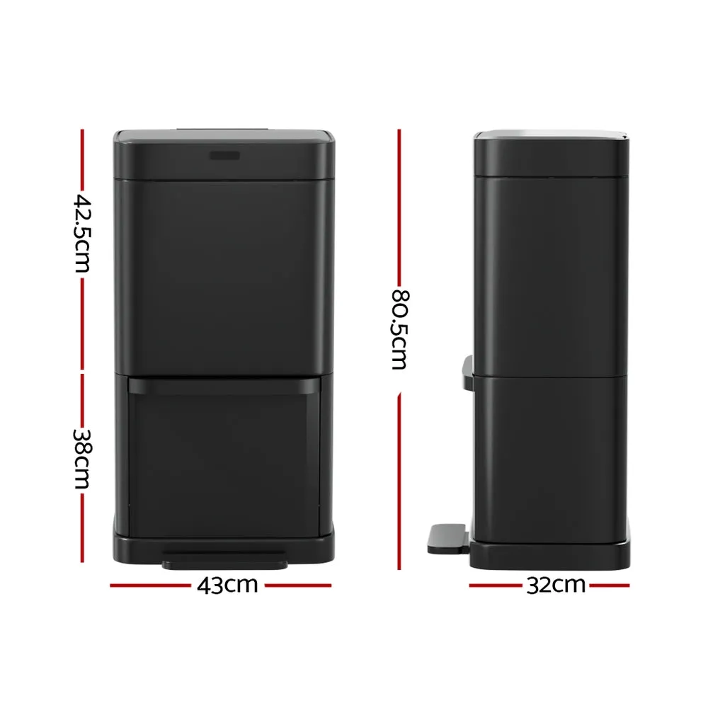 70L Motion Sensor Pedal Bin, Black, Dual Compartment - Devanti
