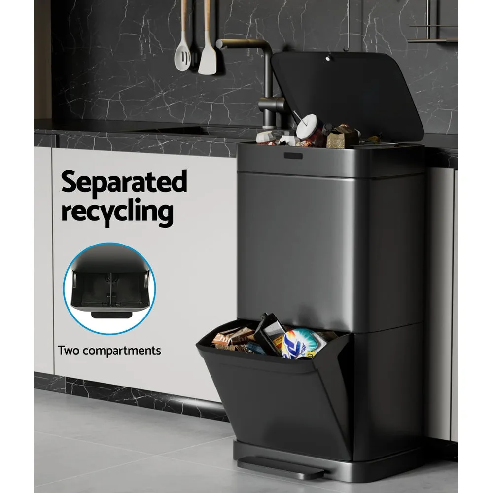 70L Motion Sensor Pedal Bin, Black, Dual Compartment - Devanti