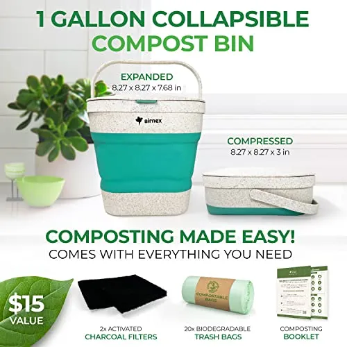AIRNEX Countertop Compost Bin Kitchen Counter, Indoor Food Composter for Kitchen, Food Waste Bin for Kitchen Counter Top, Small Kitchen Compost Bucket Container, Mini Counter Food Scrap Bin with Lid