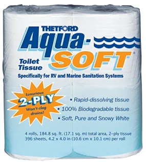 Aqua-Soft Toilet Tissue - Toilet Paper for RV and marine - 2-ply - Thetford 03300 (Pack of 4 rolls) , White