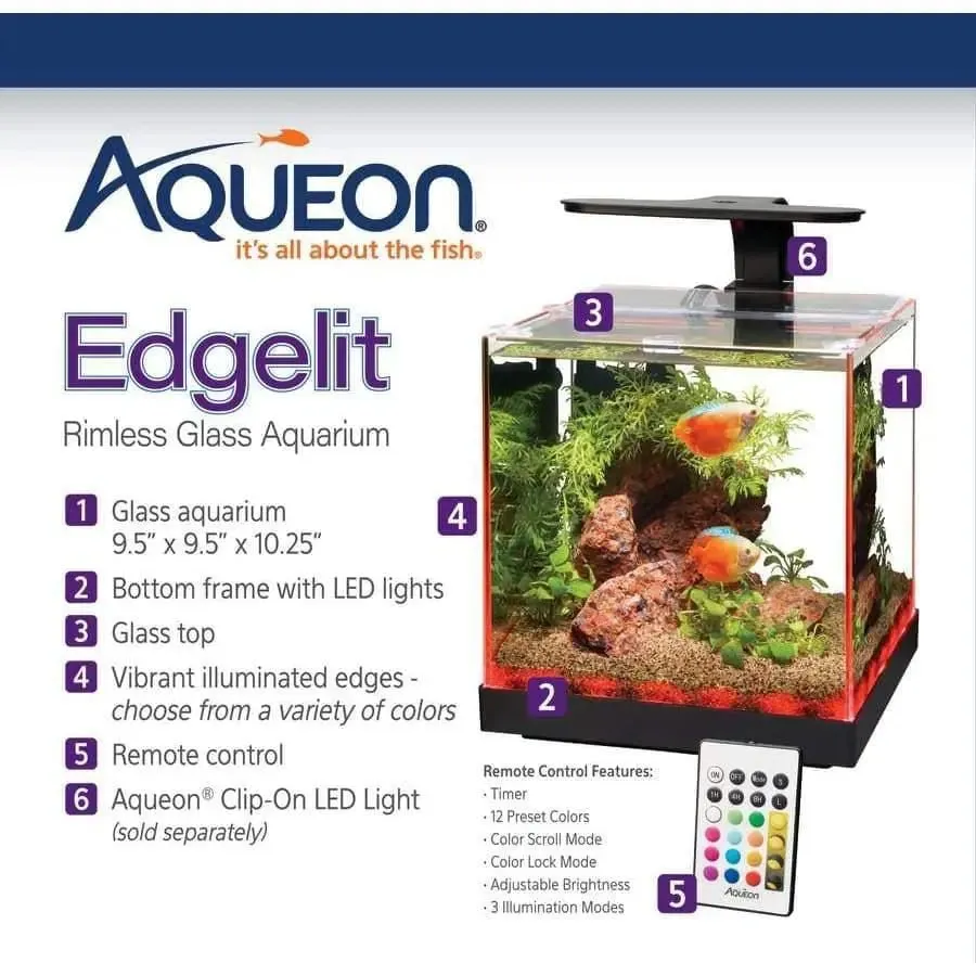 Aqueon Edgelit Cube Glass Aquarium Vibrant LED Remote Control