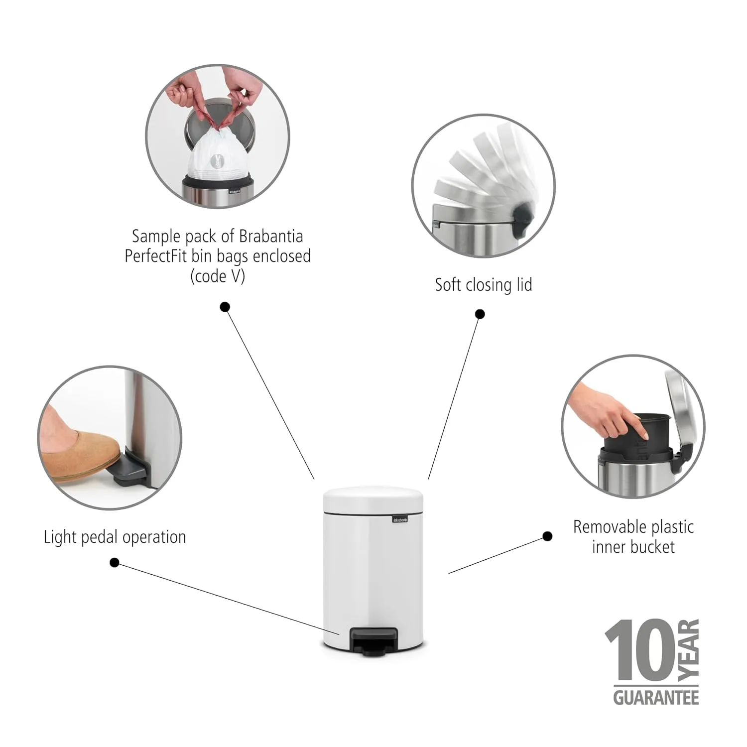 Brabantia Pedal Bin Newicon, 3 Litre Capacity, White