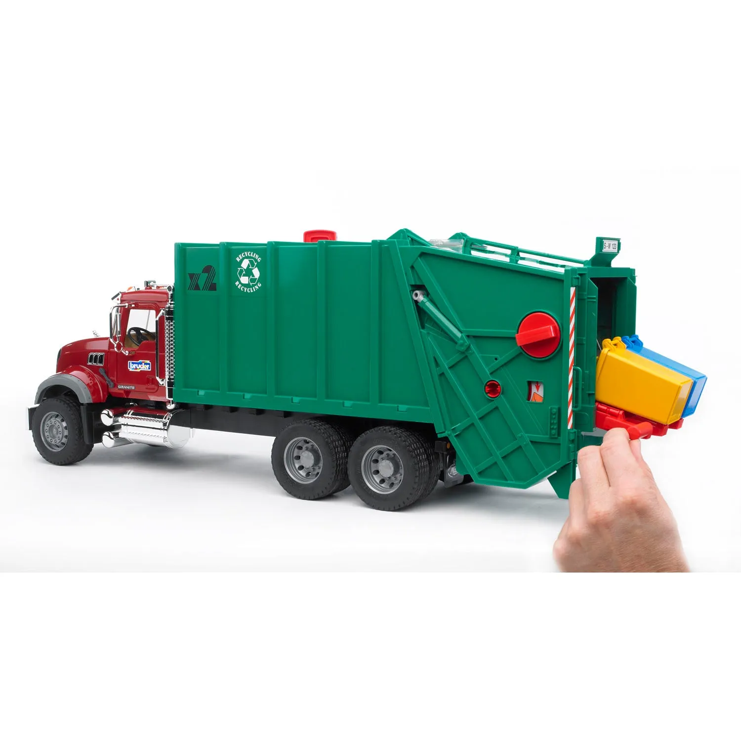 Bruder MACK Granite Garbage Truck, Ruby Red Cab, Green Garbage Box, 02812