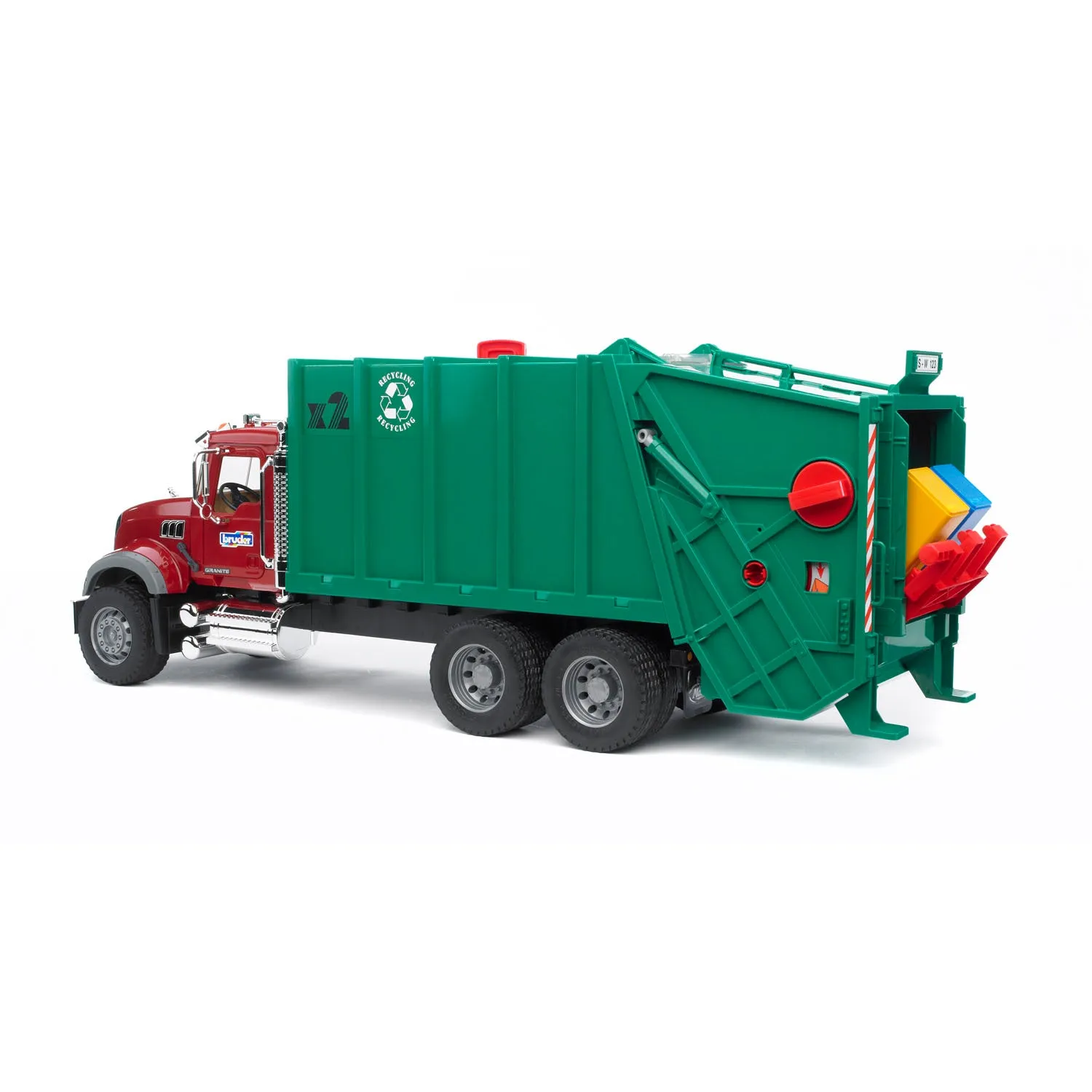 Bruder MACK Granite Garbage Truck, Ruby Red Cab, Green Garbage Box, 02812