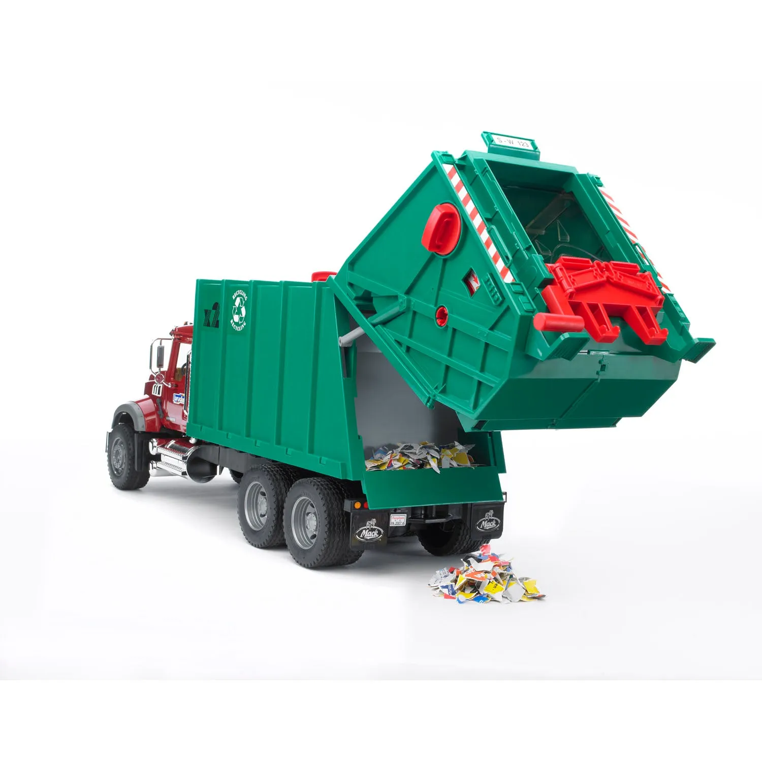 Bruder MACK Granite Garbage Truck, Ruby Red Cab, Green Garbage Box, 02812