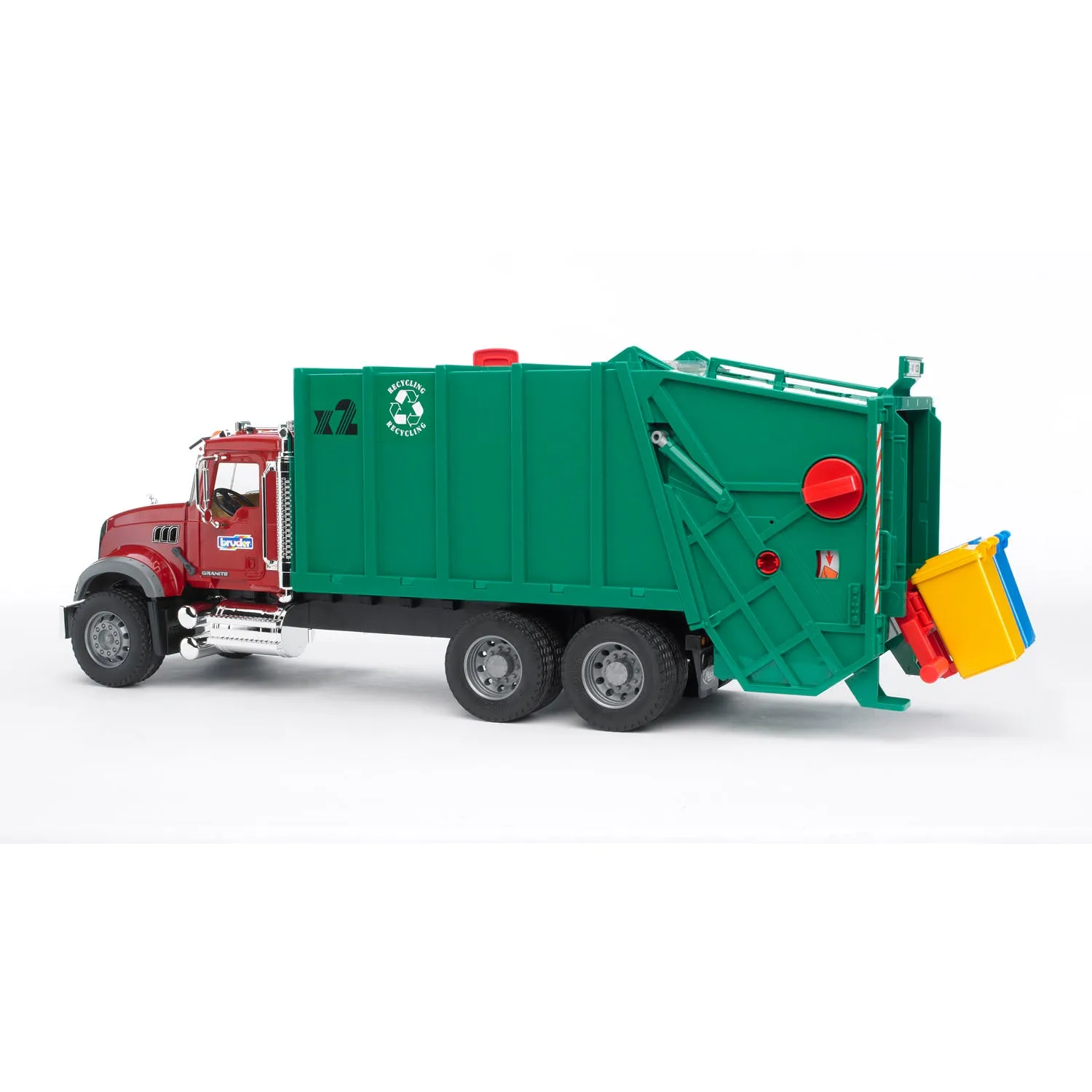 Bruder MACK Granite Garbage Truck, Ruby Red Cab, Green Garbage Box, 02812