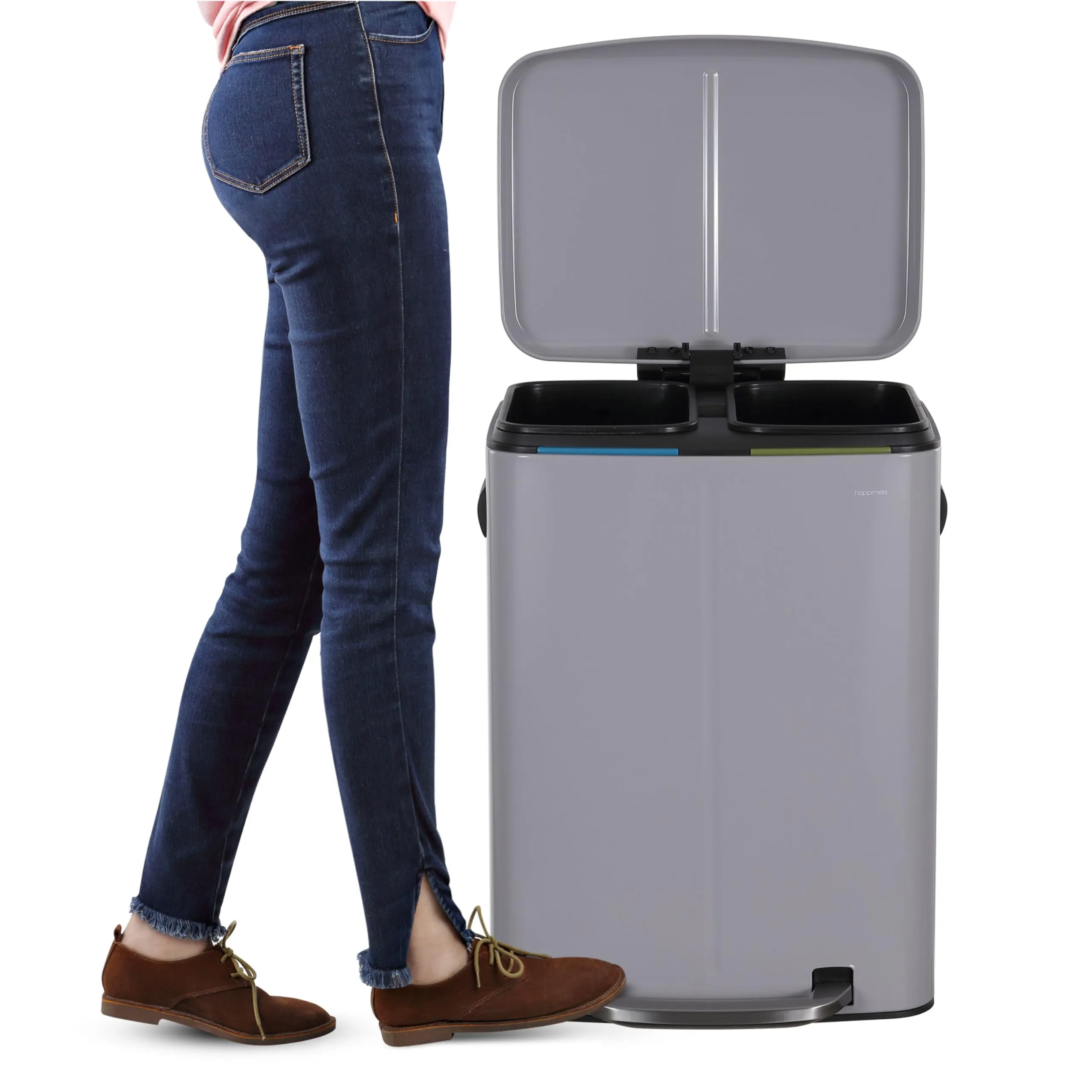 happimess HPM1005I Marco Rectangular 10.6-Gallon Double Bucket Trash Can with Soft-Close Lid, Fog Gray, Fingerprint Resistant, Modern, Minimalistic for Home, Kitchen, Office, Bedroom, Bathroom