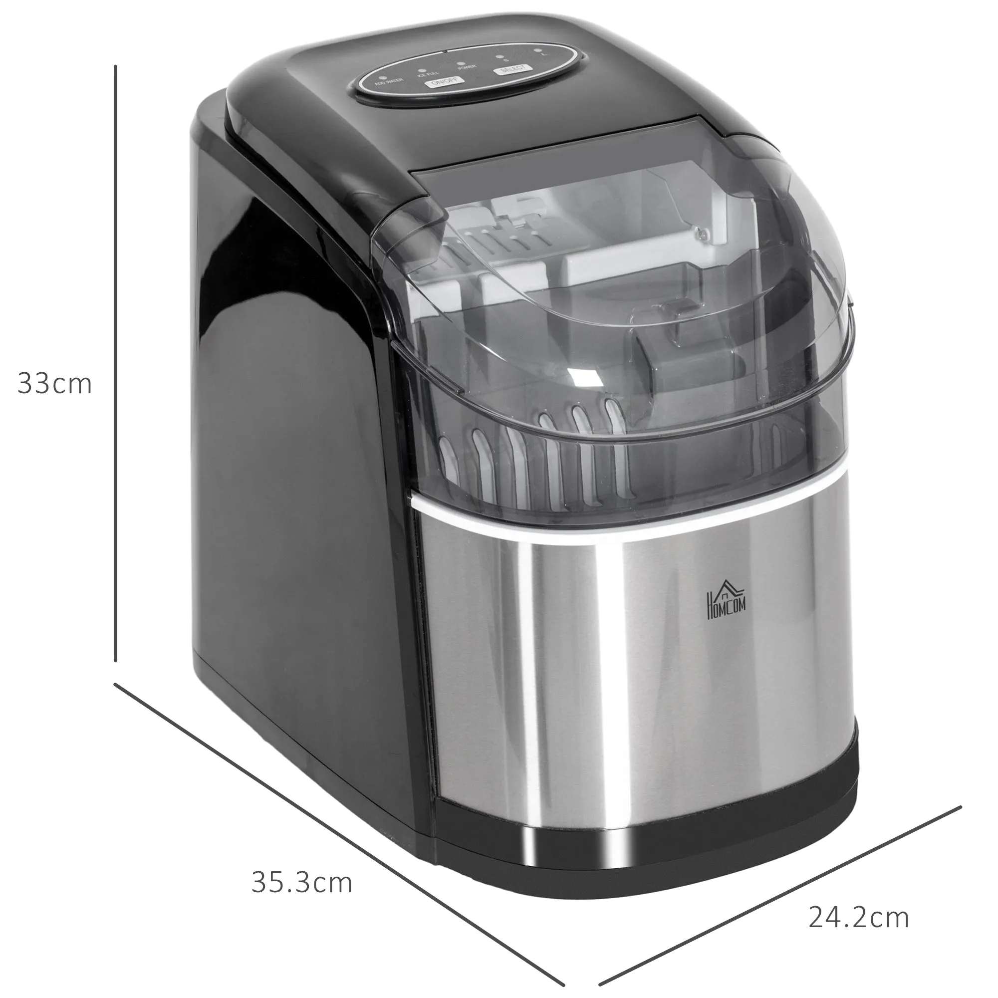 HOMCOM Portable Ice Cube Maker w/ 2 Cube Sizes 12Kg/24 Hrs, 9 Cubes/ 6-12Mins