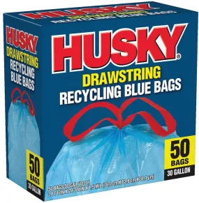 Husky HK30DS050BU Trash Bag with Drawstring, 30 gal Capacity, Blue :BX 50: QUANTITY: 1