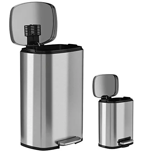 iTouchless SoftStep Combo Pack 13.2 Gal & 1.32 Gal Step Trash Can with Odor Filter & Inner Bucket, Stainless Steel Step Pedal Garbage Bin for Office and Kitchen, Soft and Quiet Lid Close