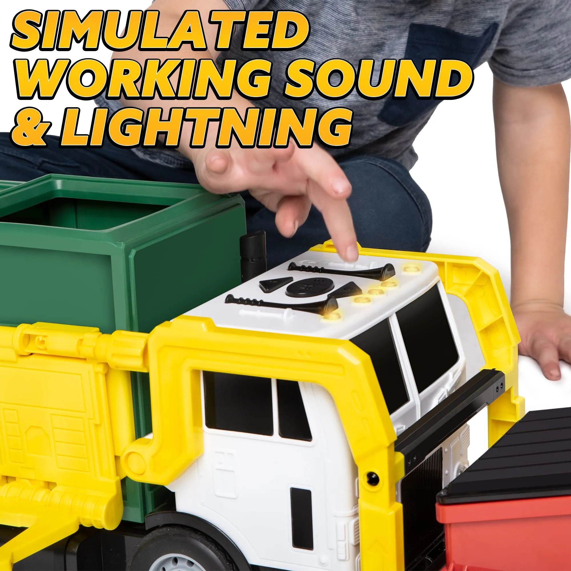 JOYIN Large Friction Powered Garbage Truck Toy Set, Includes Dumpster, Trash Bins, and Learning Cards for Kids