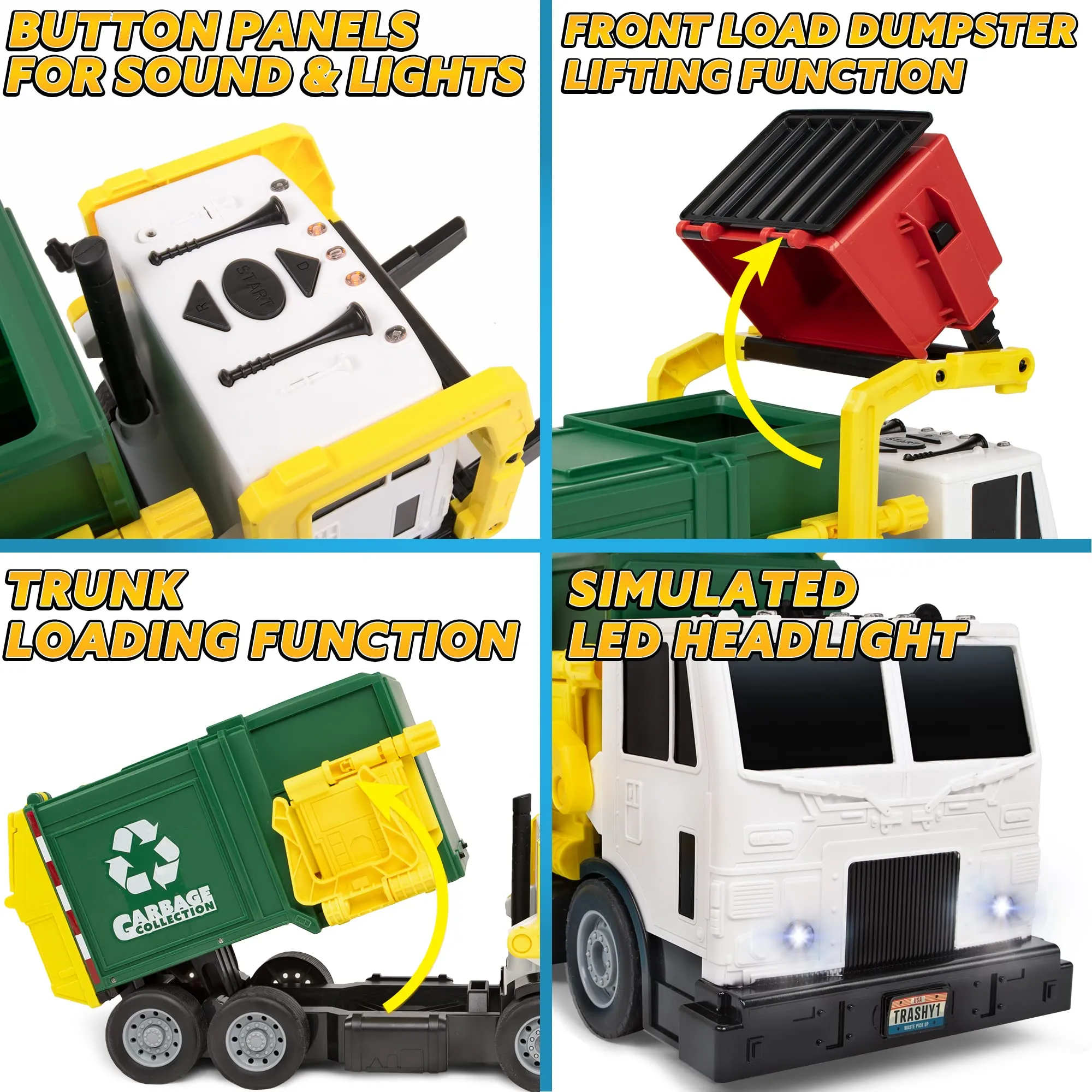 JOYIN Large Friction Powered Garbage Truck Toy Set, Includes Dumpster, Trash Bins, and Learning Cards for Kids