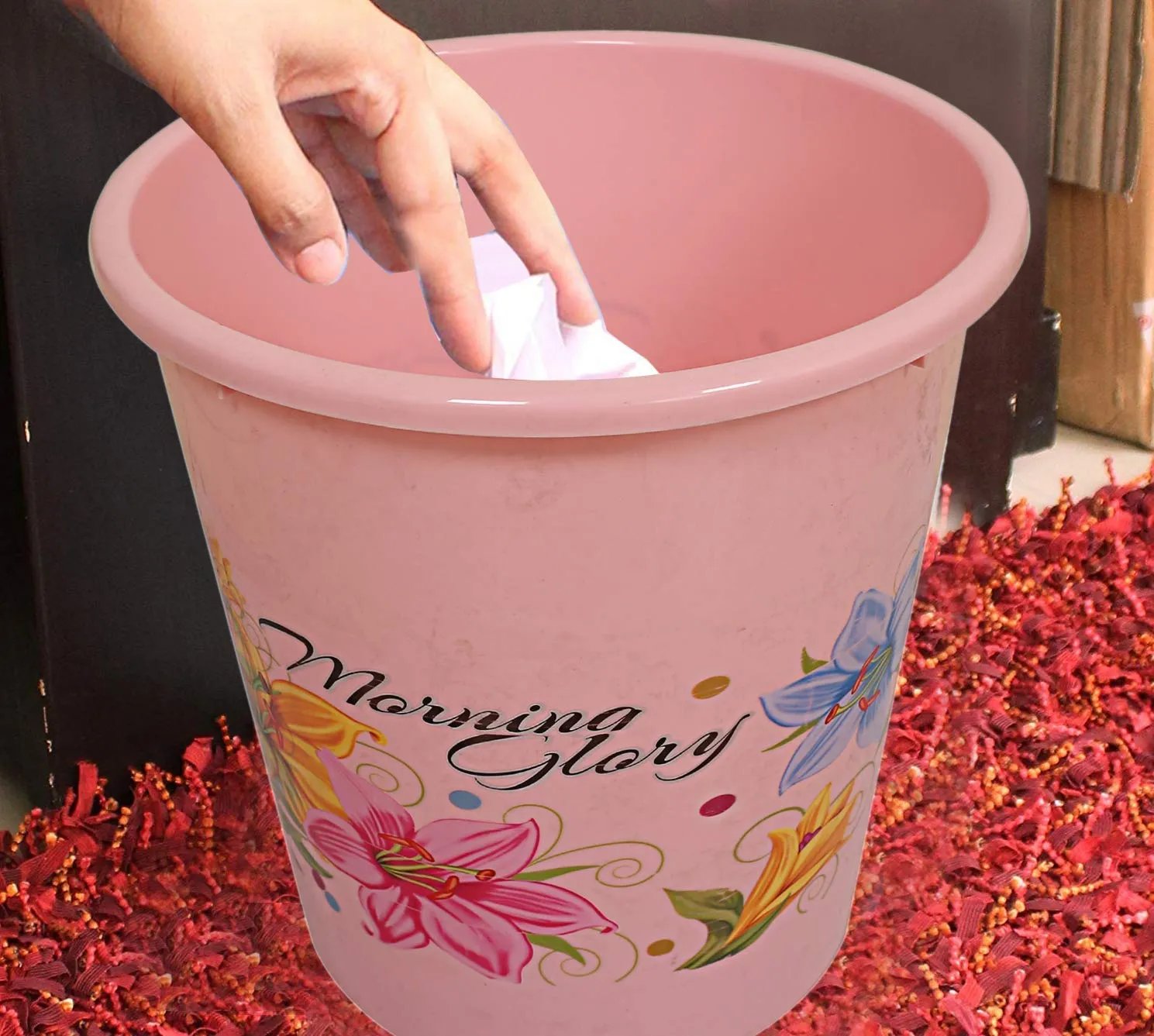 Kuber Industries Flower Print Plastic Garbage Waste Dustbin/Recycling Bin for Home, Office, Factory, 7 Liters (Pink)-KUBMART10882