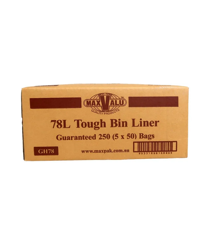 MaxValu 78 Litres Economical Heavy Duty Bin Liner 92 x 76cm - (5 Packs X 50 Bags) Per Box