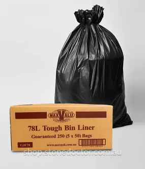 MaxValu 78 Litres Economical Heavy Duty Bin Liner 92 x 76cm - (5 Packs X 50 Bags) Per Box