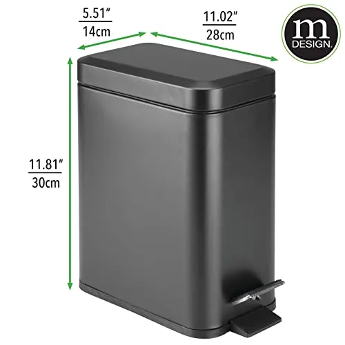 mDesign Small Modern 1.3 Gallon Rectangle Metal Lidded Step Trash Can, Compact Garbage Bin with Removable Liner Bucket and Handle for Bathroom, Kitchen, Craft Room, Office, Garage - Black