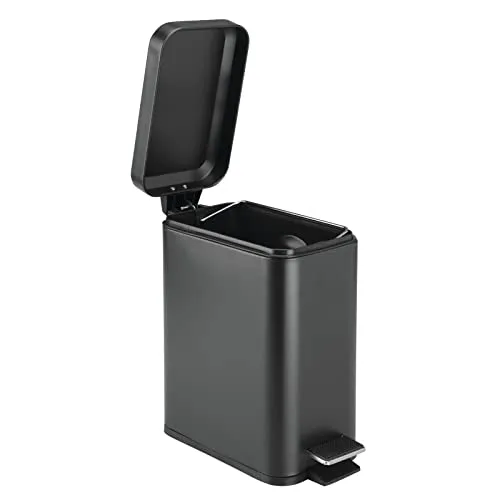 mDesign Small Modern 1.3 Gallon Rectangle Metal Lidded Step Trash Can, Compact Garbage Bin with Removable Liner Bucket and Handle for Bathroom, Kitchen, Craft Room, Office, Garage - Black