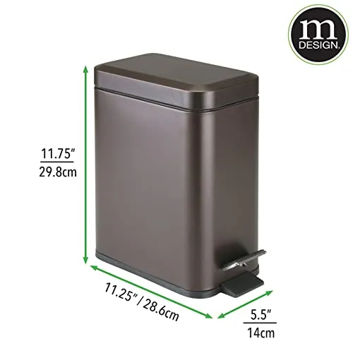mDesign Small Modern 1.3 Gallon Rectangle Metal Lidded Step Trash Can, Compact Garbage Bin with Removable Liner Bucket and Handle for Bathroom, Kitchen, Craft Room, Office, Garage - Bronze