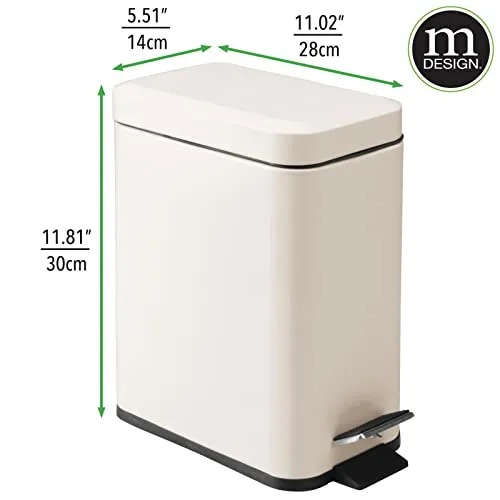 mDesign Small Modern 1.3 Gallon Rectangle Metal Lidded Step Trash Can, Compact Garbage Bin with Removable Liner Bucket and Handle for Bathroom, Kitchen, Craft Room, Office, Garage - Cream/Beige