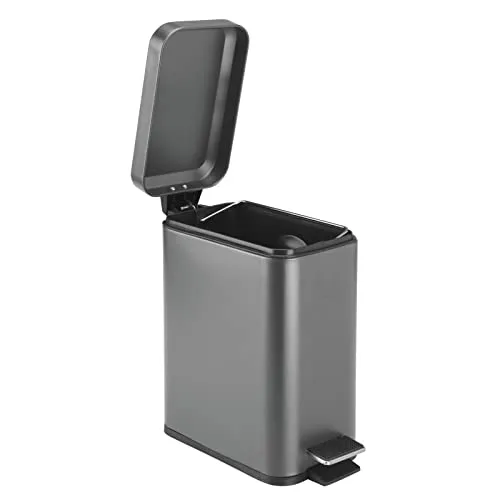 mDesign Small Modern 1.3 Gallon Rectangle Metal Lidded Step Trash Can, Compact Garbage Bin with Removable Liner Bucket and Handle for Bathroom, Kitchen, Craft Room, Office, Garage - Graphite Gray