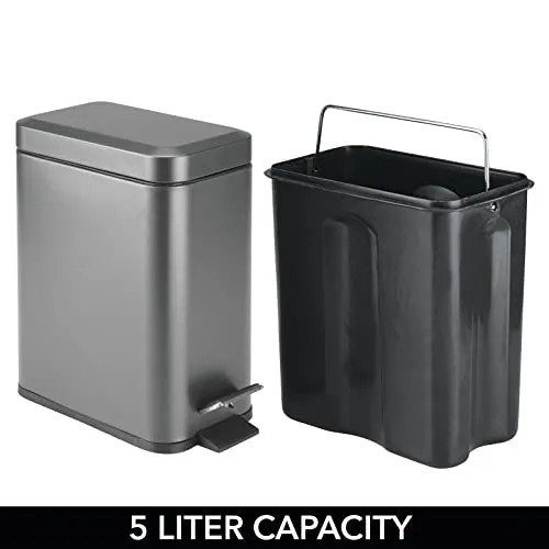 mDesign Small Modern 1.3 Gallon Rectangle Metal Lidded Step Trash Can, Compact Garbage Bin with Removable Liner Bucket and Handle for Bathroom, Kitchen, Craft Room, Office, Garage - Graphite Gray