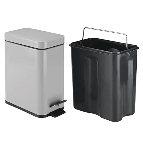 mDesign Small Modern 1.3 Gallon Rectangle Metal Lidded Step Trash Can, Compact Garbage Bin with Removable Liner Bucket and Handle for Bathroom, Kitchen, Craft Room, Office, Garage - Gray