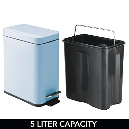 mDesign Small Modern 1.3 Gallon Rectangle Metal Lidded Step Trash Can, Compact Garbage Bin with Removable Liner Bucket and Handle for Bathroom, Kitchen, Craft Room, Office, Garage, Light Blue