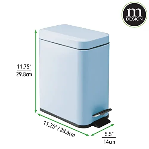 mDesign Small Modern 1.3 Gallon Rectangle Metal Lidded Step Trash Can, Compact Garbage Bin with Removable Liner Bucket and Handle for Bathroom, Kitchen, Craft Room, Office, Garage, Light Blue