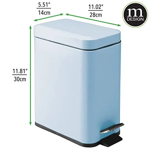 mDesign Small Modern 1.3 Gallon Rectangle Metal Lidded Step Trash Can, Compact Garbage Bin with Removable Liner Bucket and Handle for Bathroom, Kitchen, Craft Room, Office, Garage, Light Blue