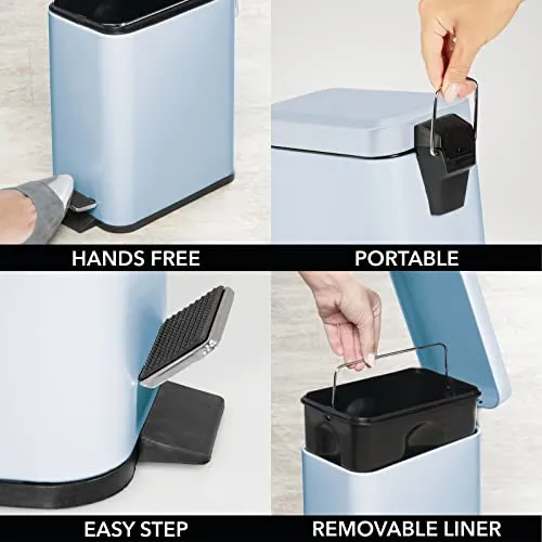 mDesign Small Modern 1.3 Gallon Rectangle Metal Lidded Step Trash Can, Compact Garbage Bin with Removable Liner Bucket and Handle for Bathroom, Kitchen, Craft Room, Office, Garage, Light Blue