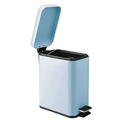 mDesign Small Modern 1.3 Gallon Rectangle Metal Lidded Step Trash Can, Compact Garbage Bin with Removable Liner Bucket and Handle for Bathroom, Kitchen, Craft Room, Office, Garage, Light Blue
