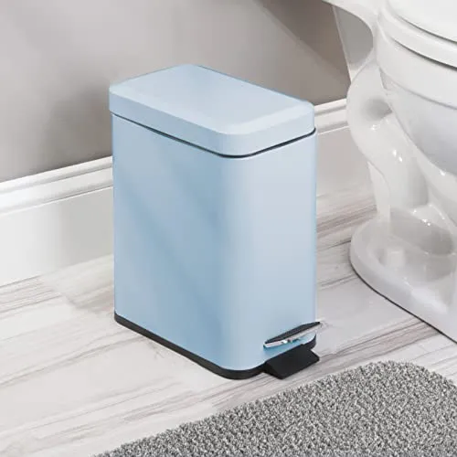 mDesign Small Modern 1.3 Gallon Rectangle Metal Lidded Step Trash Can, Compact Garbage Bin with Removable Liner Bucket and Handle for Bathroom, Kitchen, Craft Room, Office, Garage, Light Blue