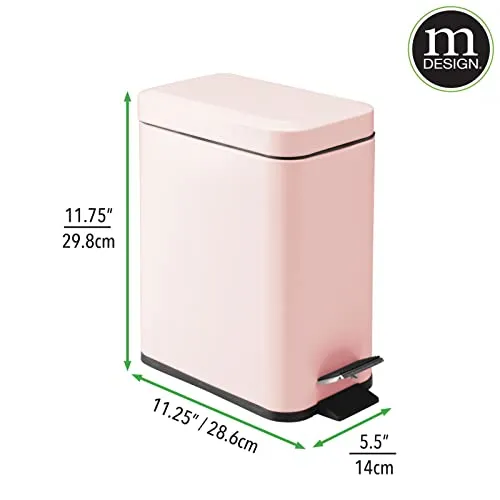 mDesign Small Modern 1.3 Gallon Rectangle Metal Lidded Step Trash Can, Compact Garbage Bin with Removable Liner Bucket and Handle for Bathroom, Kitchen, Craft Room, Office, Garage - Light Pink