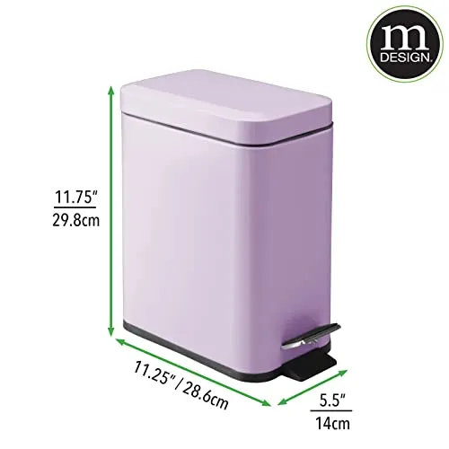 mDesign Small Modern 1.3 Gallon Rectangle Metal Lidded Step Trash Can, Compact Garbage Bin with Removable Liner Bucket and Handle for Bathroom, Kitchen, Craft Room, Office, Garage - Light Purple